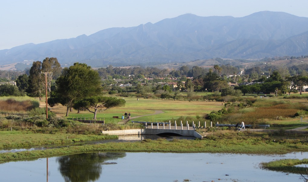 Devereux Slough and Ocean Meadows Golf Course with Santa Ynez Mountains in the distance